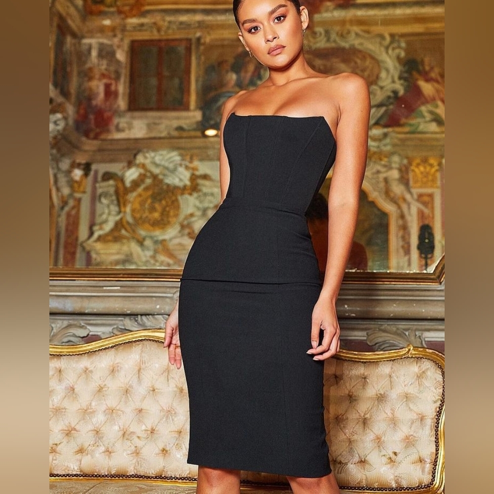 House of CB Black Ribbed Strapless Bodycon Dress